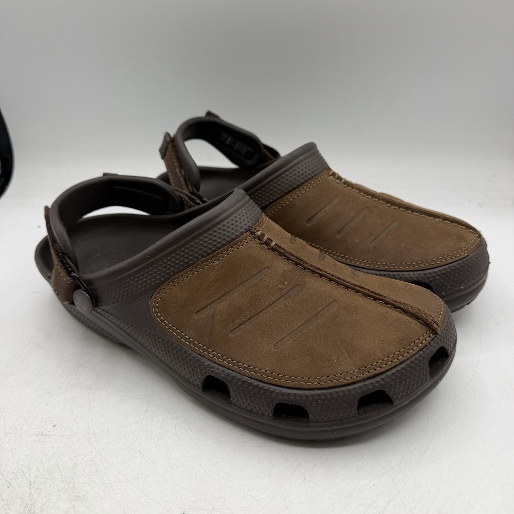 Crocs Yukon Mesa Clog Mens Sz 9 Espresso Brown Leather Adjustable Strap Shoes